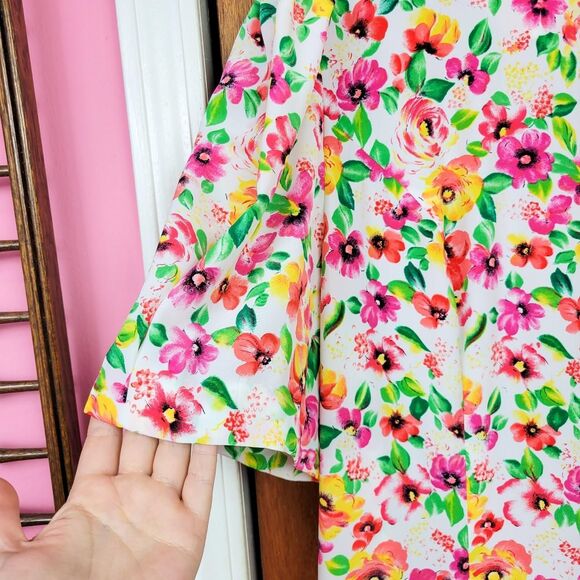 Vintage 80s Bright Floral Print Drop Waist Dress - Picture 6 of 8